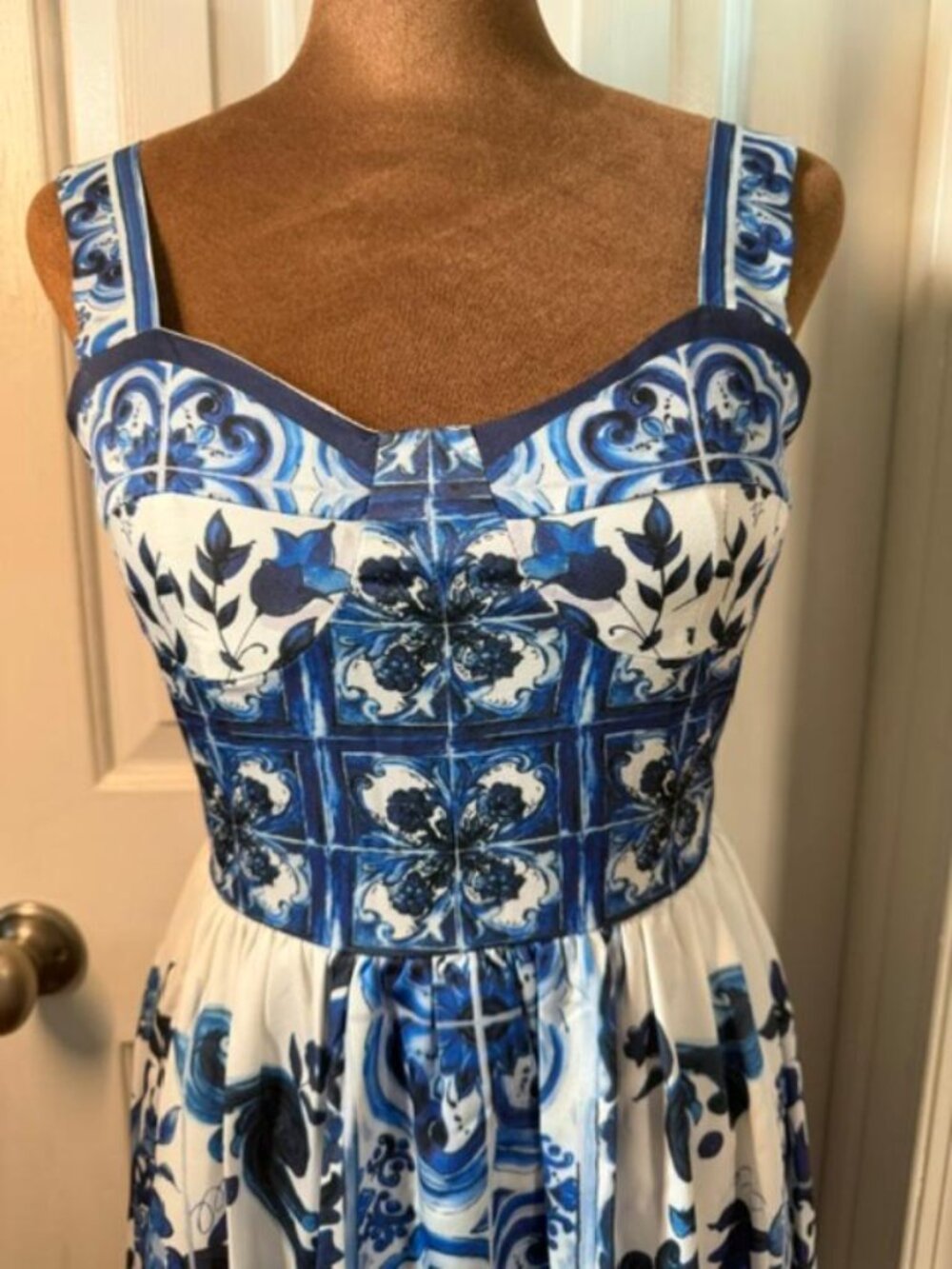 NWOT Blue White Mediterranean Tile Print Smocked Back Midi Sundress